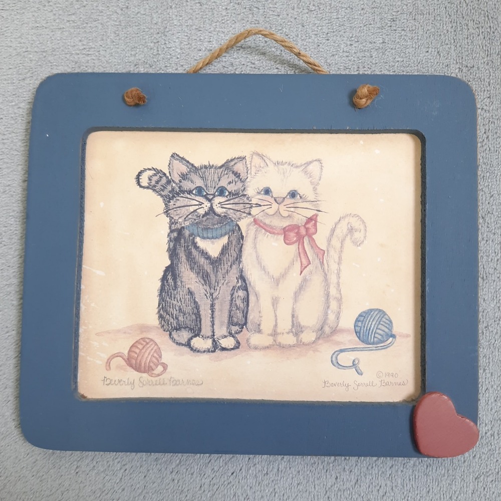Vintage Two Kitty Cats Yarn Art Print Wooden Frame 1990‎ Cottagecore Grandmacore